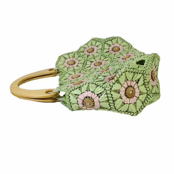 Summer Beach Cottage Straw Button Handbag Flower Lime Pink Wood Handles Purse - Picture 4 of 13